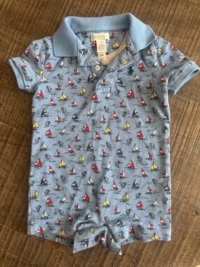 Ralph Lauren Light Blue Polo Romper with Red, Yellow & Navy Sailboats 12m
